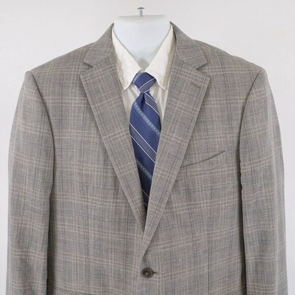 Calvin Klein Wool Blend Linen Plaid Blazer 40R / Slim 42R / ESlim 44R‎ Gray Tan - Picture 1 of 12